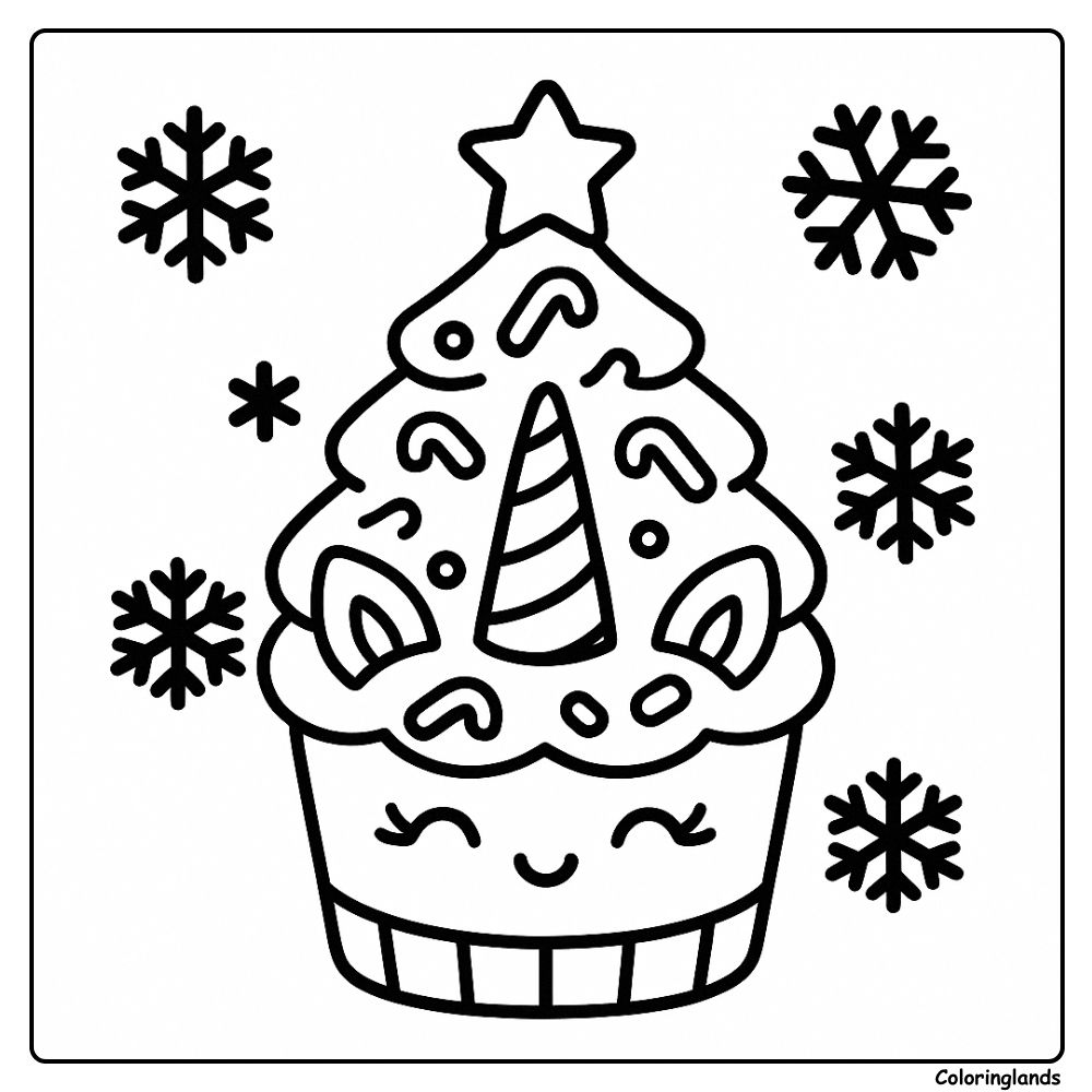 Desenho de um fofo unicorn cupcake para colorir com flocos de neve.