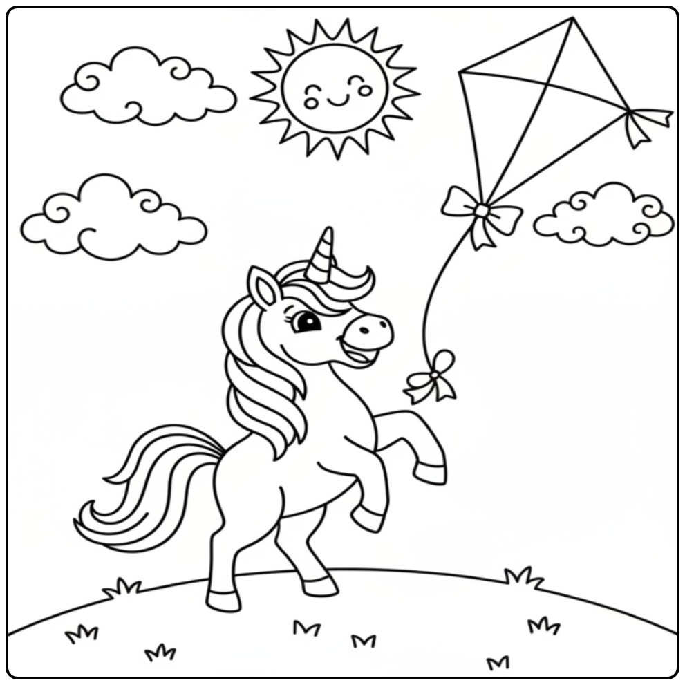 Desenho de unicornio para colorir com pipa e sol feliz.