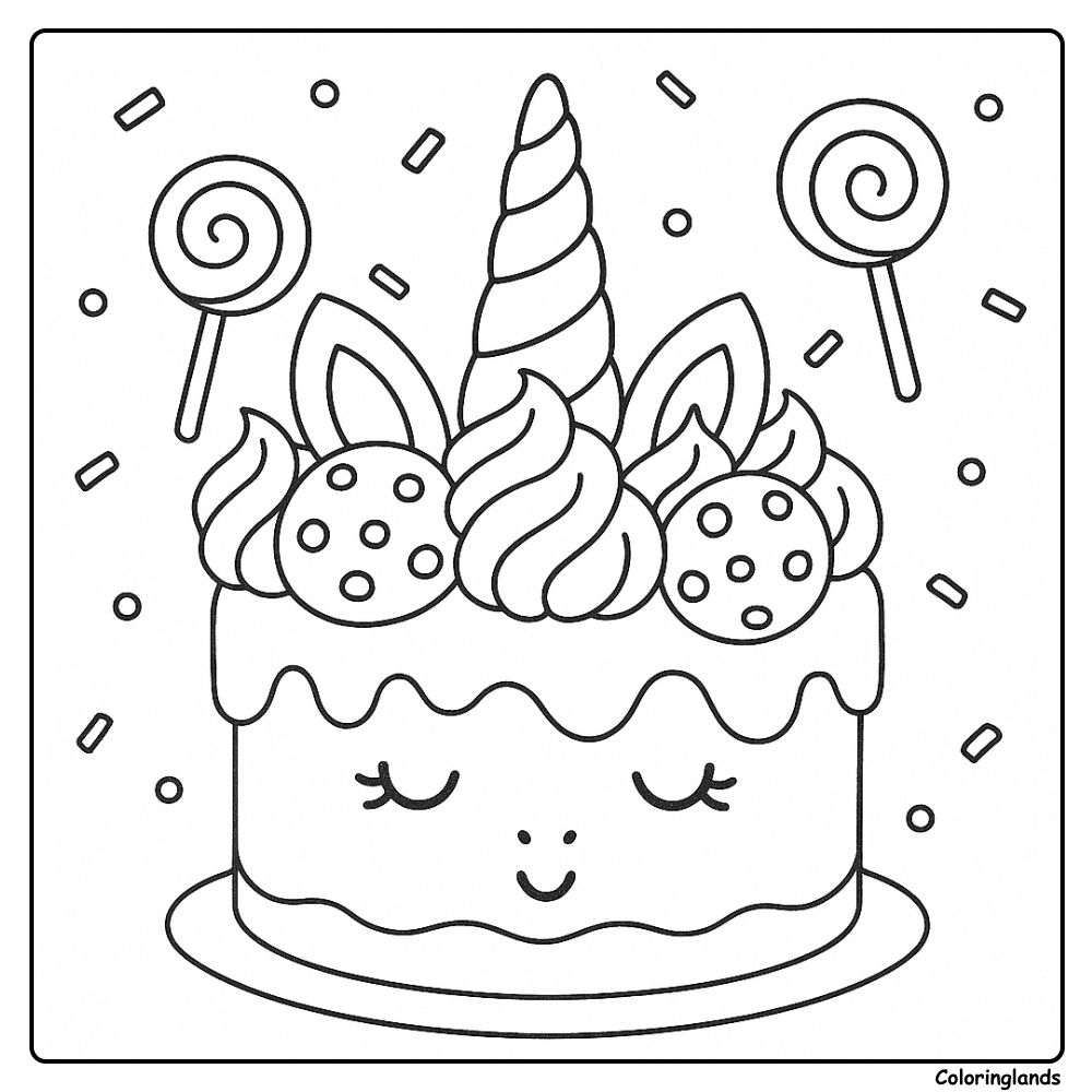 Um fofo bolo de unicórnio para colorir, com chifre e doces.