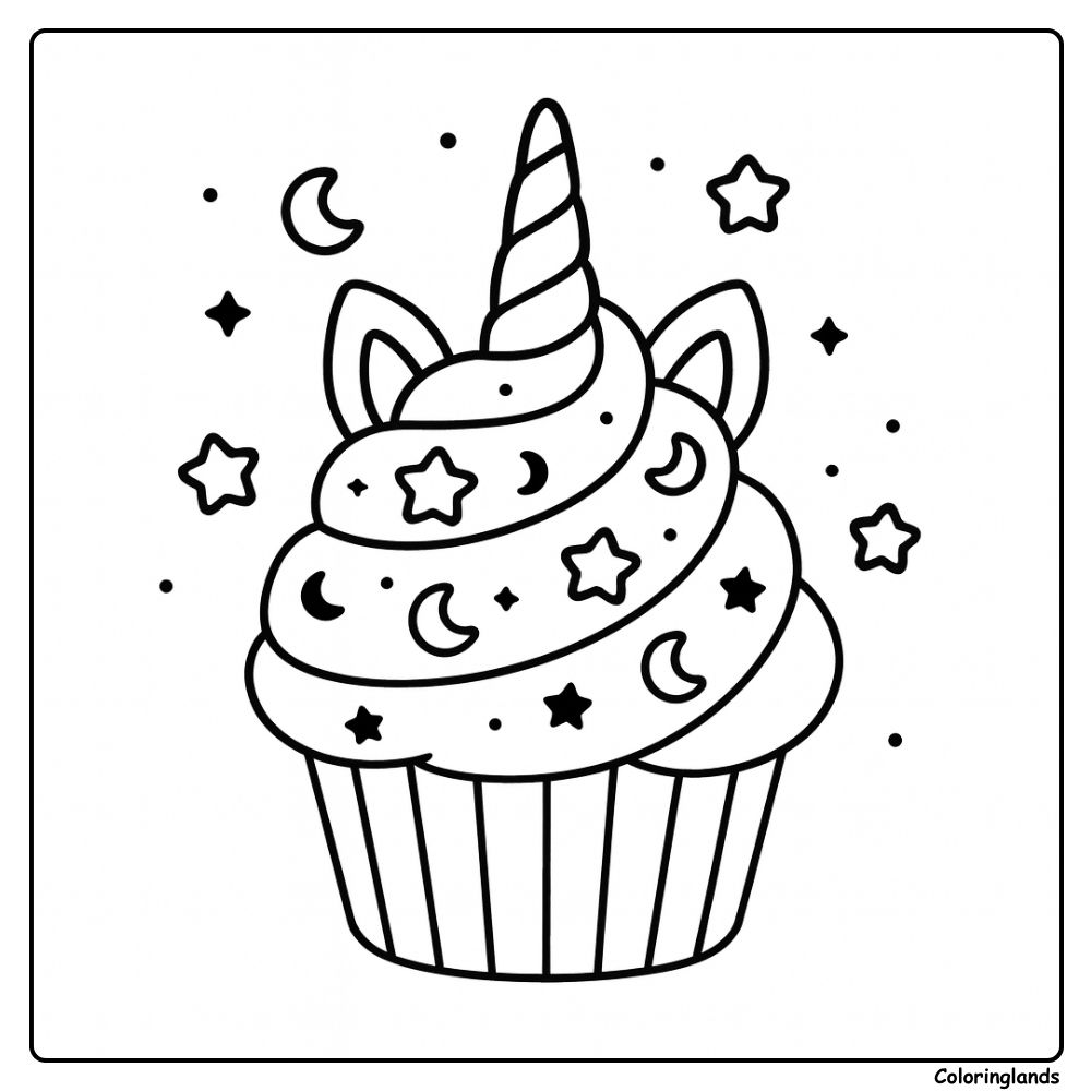 Fofo desenho de unicorn cupcake para colorir com estrelas e luas.