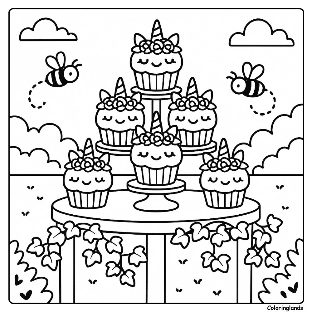 Desenho de unicorn cupcake para colorir com abelhas e mesa de doces.