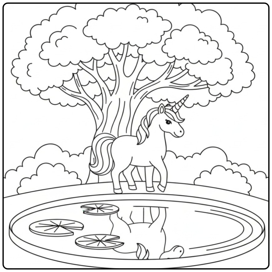 Ilustração de um unicornio para colorir perto do lago mágico!