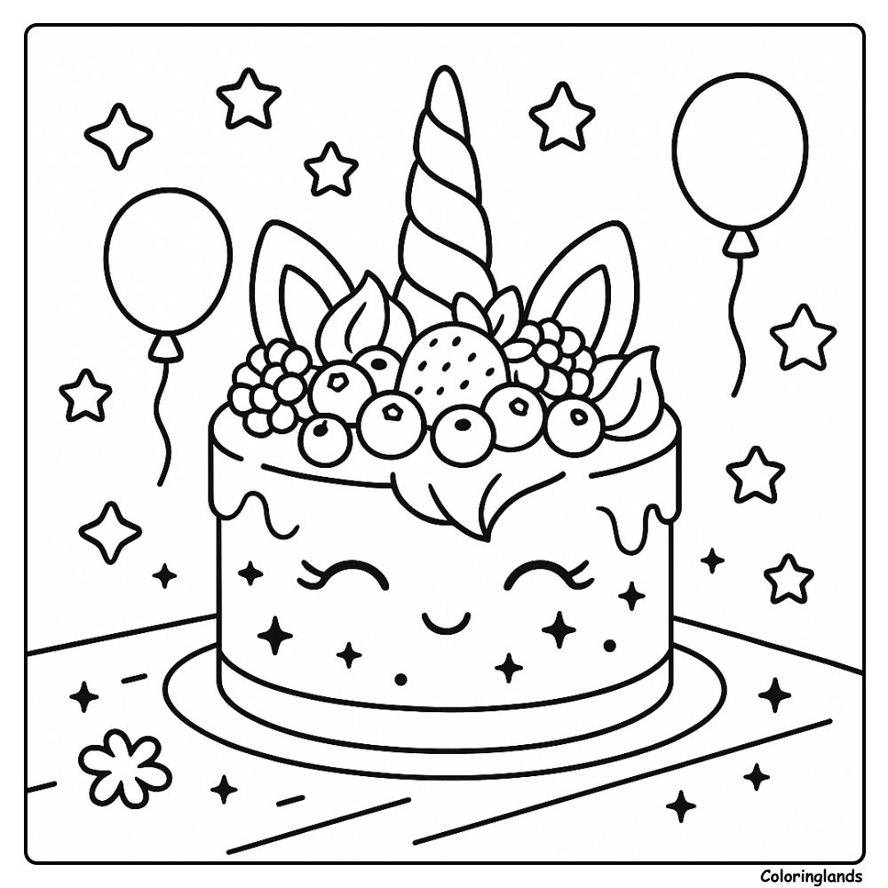 Desenho de bolo de unicórnio para colorir com frutas, balões e estrelas.