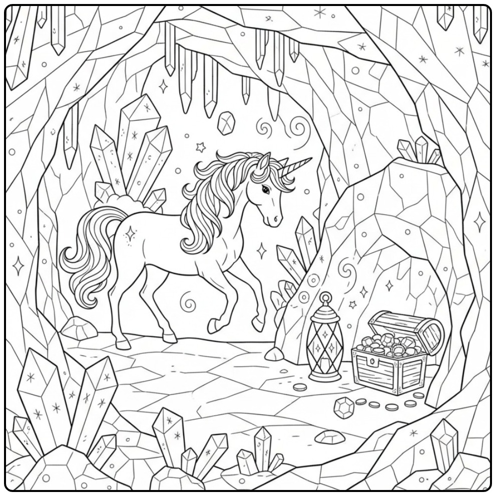 Ilustração de unicornio para colorir em caverna mágica para fãs.