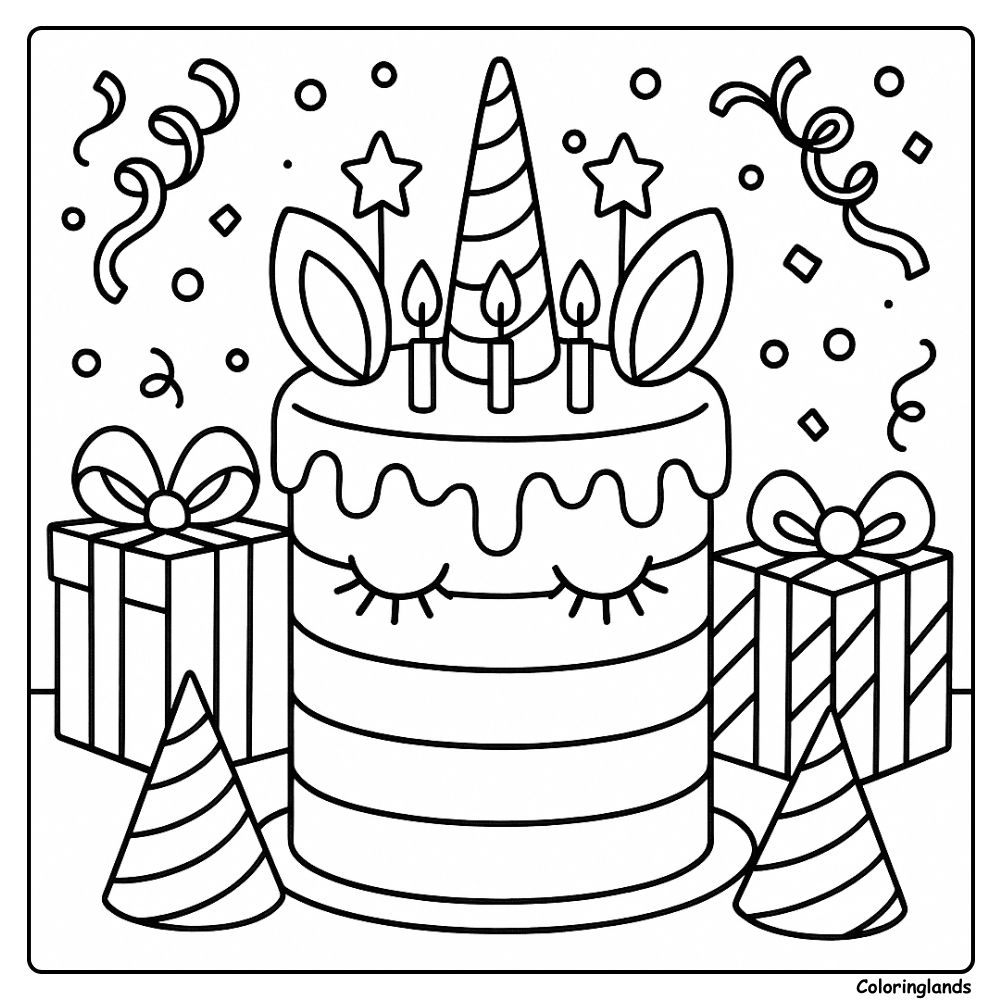 Uma festa mágica com um bolo de unicórnio para colorir e presentes.