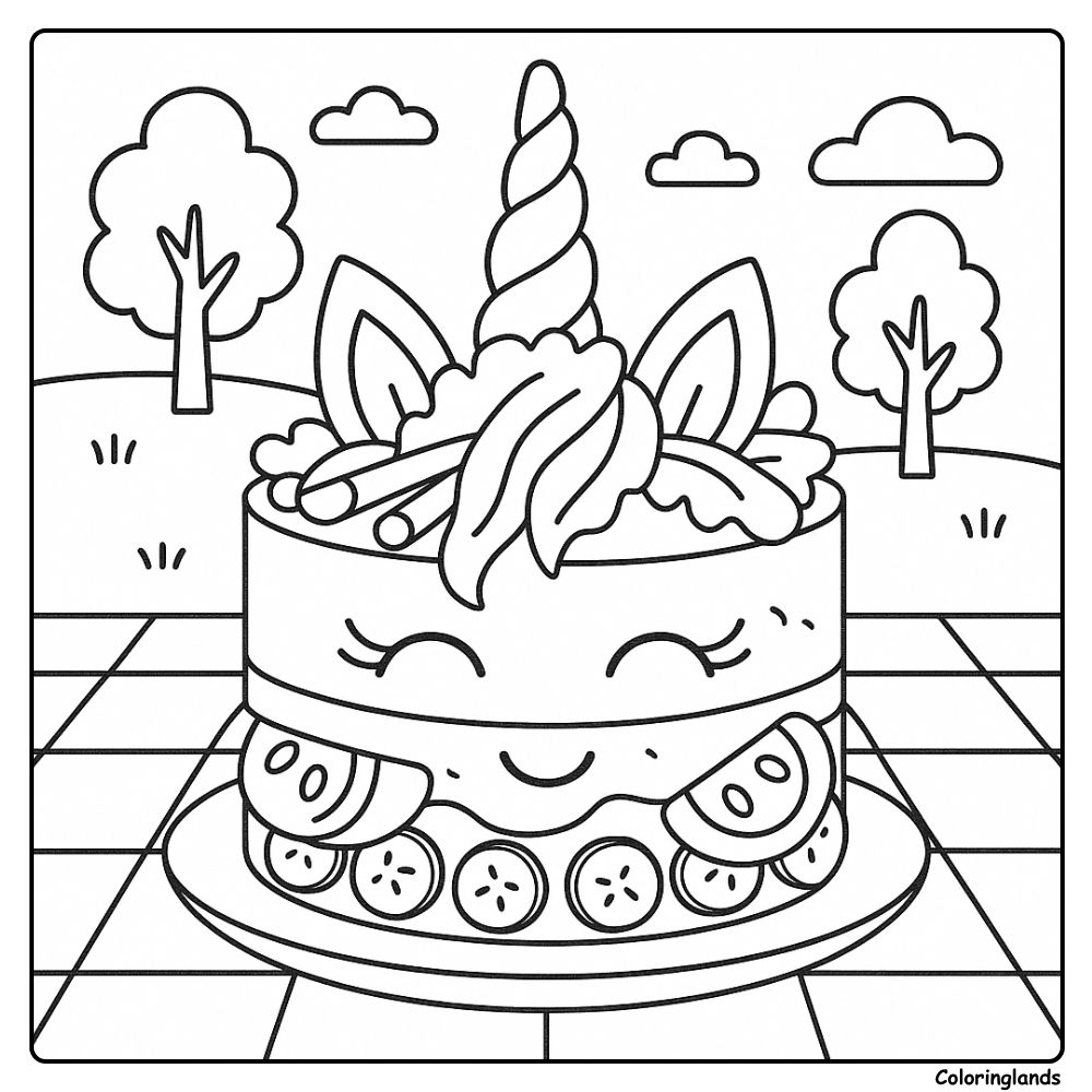 Desenho de bolo de unicórnio para colorir, com frutas e fundo natural.