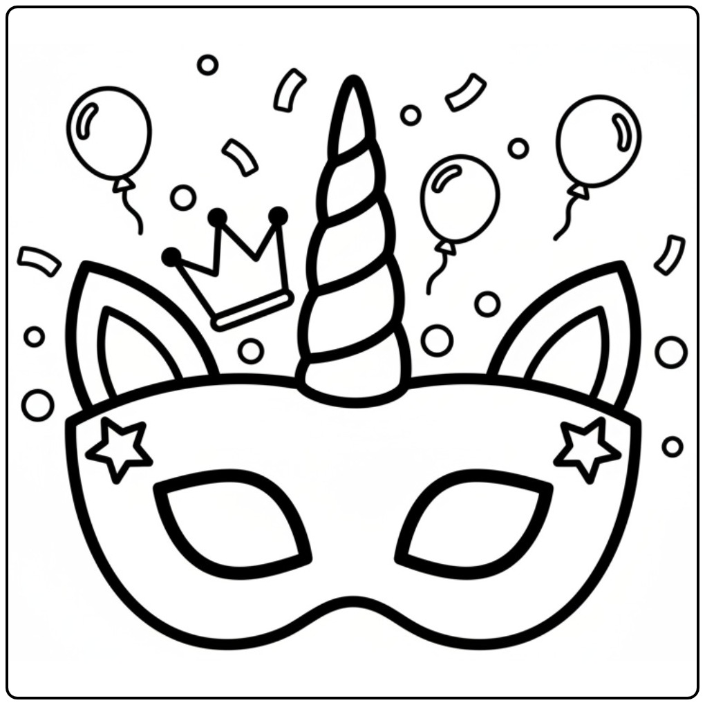 Desenho de mascara de unicornio para colorir com balões e estrelas.