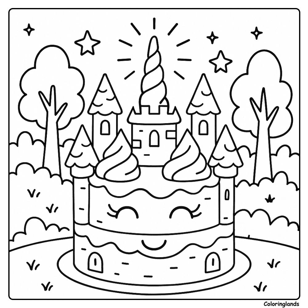 Bolo de unicórnio para colorir: castelo mágico com chifre e sorriso.