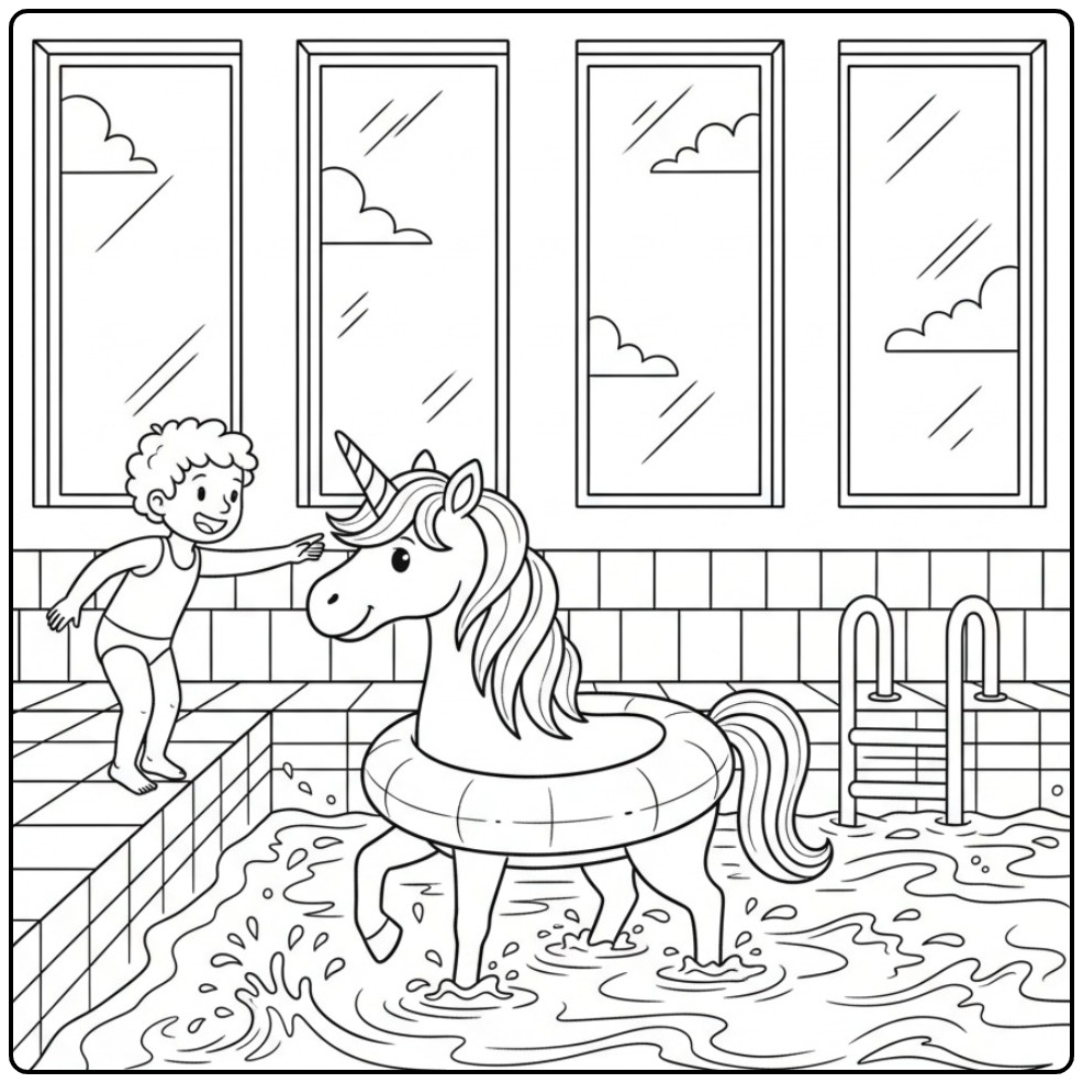 Desenho de um lindo unicornio para colorir na piscina e um menino