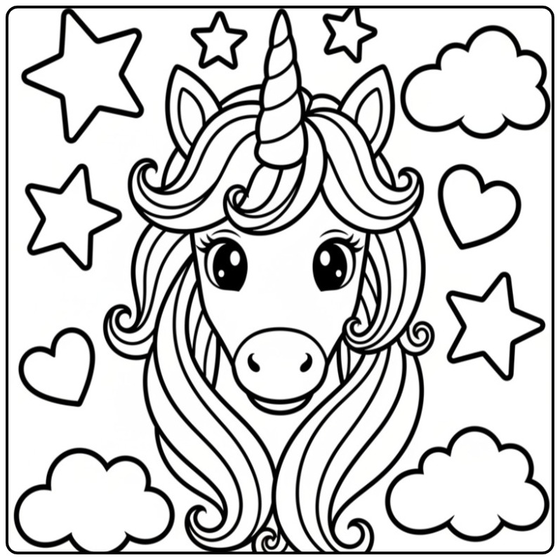 Desenho de rosto unicórnio para colorir com estrelas e corações.