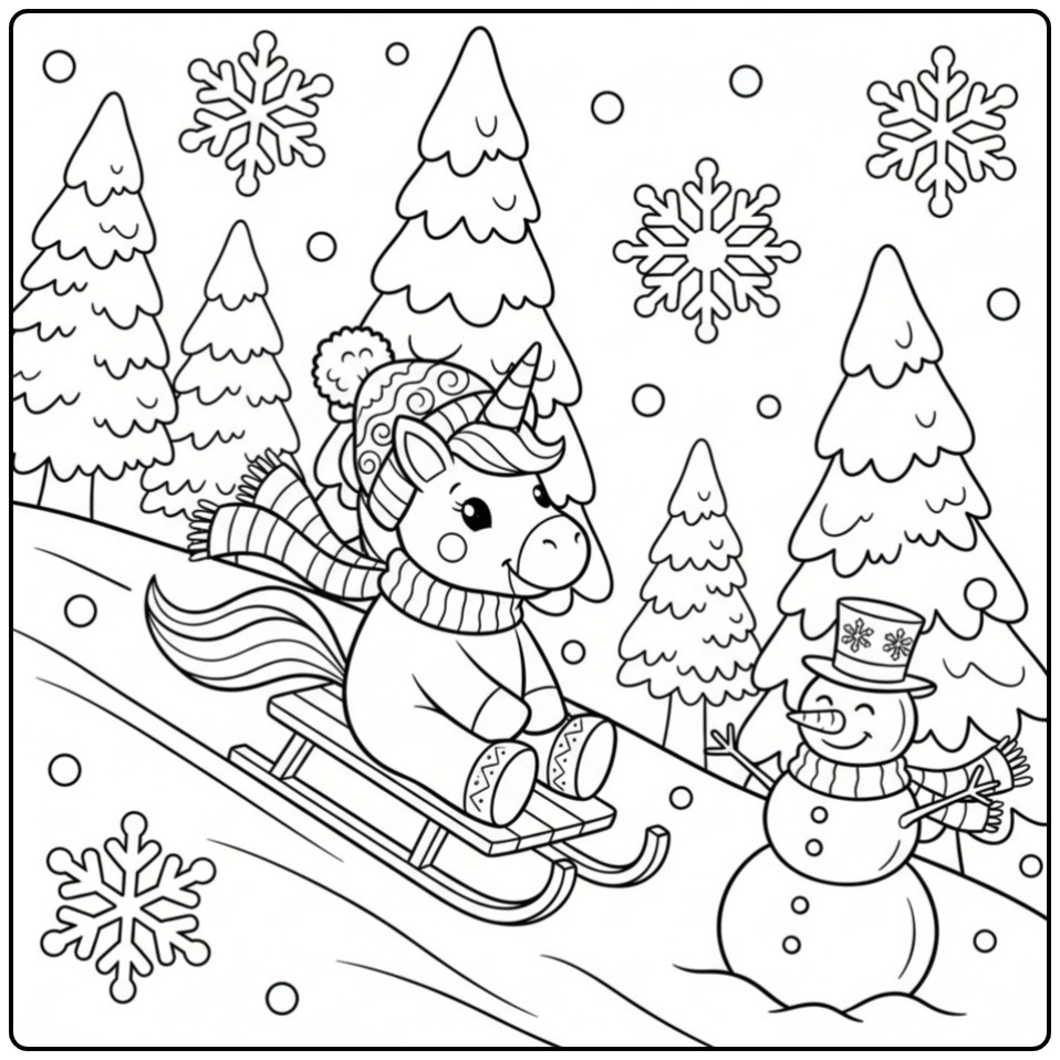 Desenho de unicornio bebe para colorir na neve e boneco