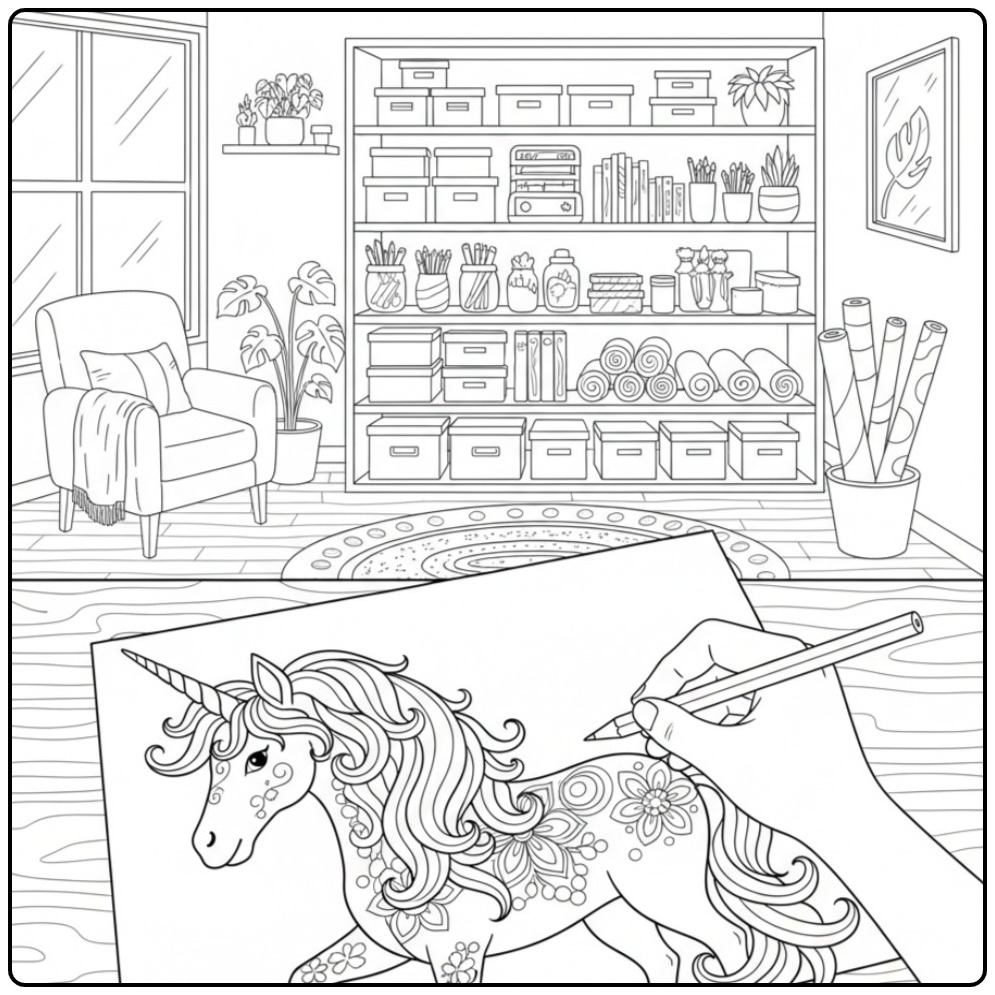 Desenho de unicornio para colorir, detalhes florais.