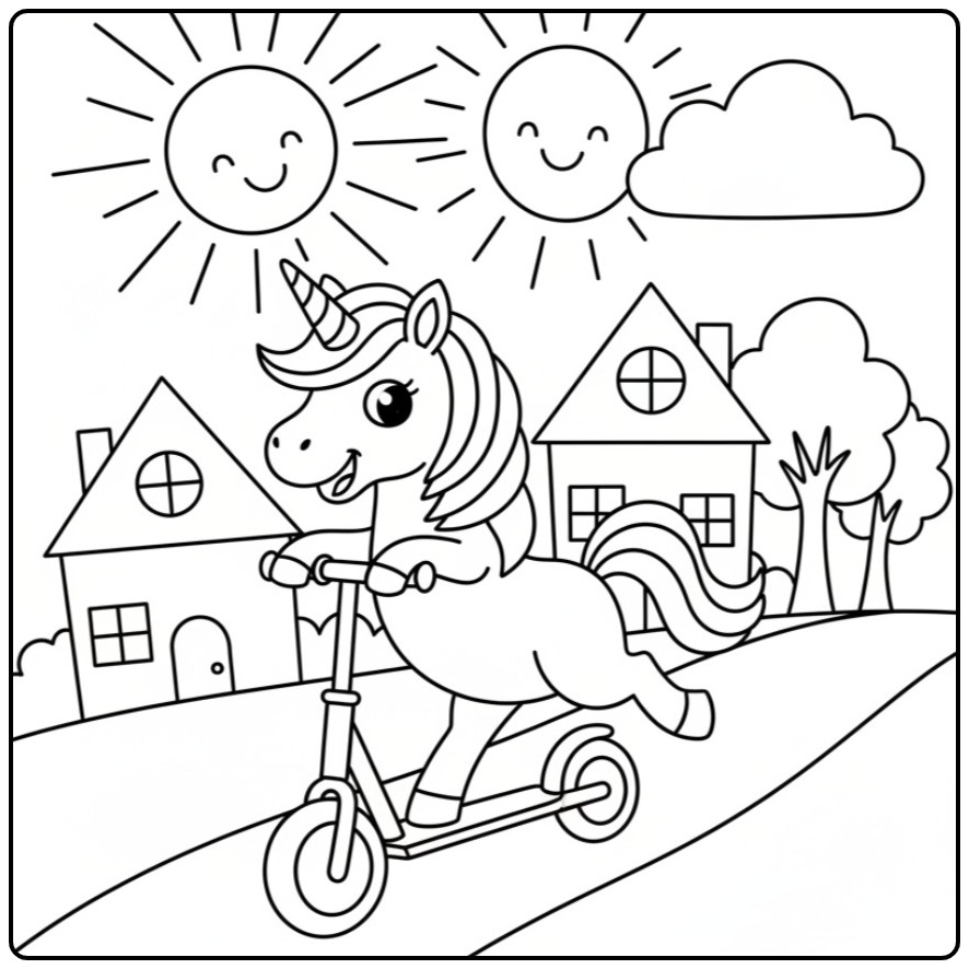 Desenho de unicornio para colorir andando de patinete feliz.