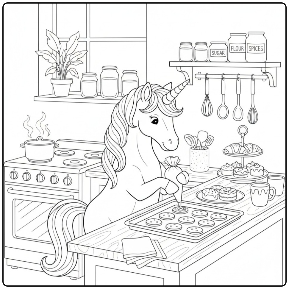 Unicórnio na cozinha preparando biscoitos! unicornio para colorir