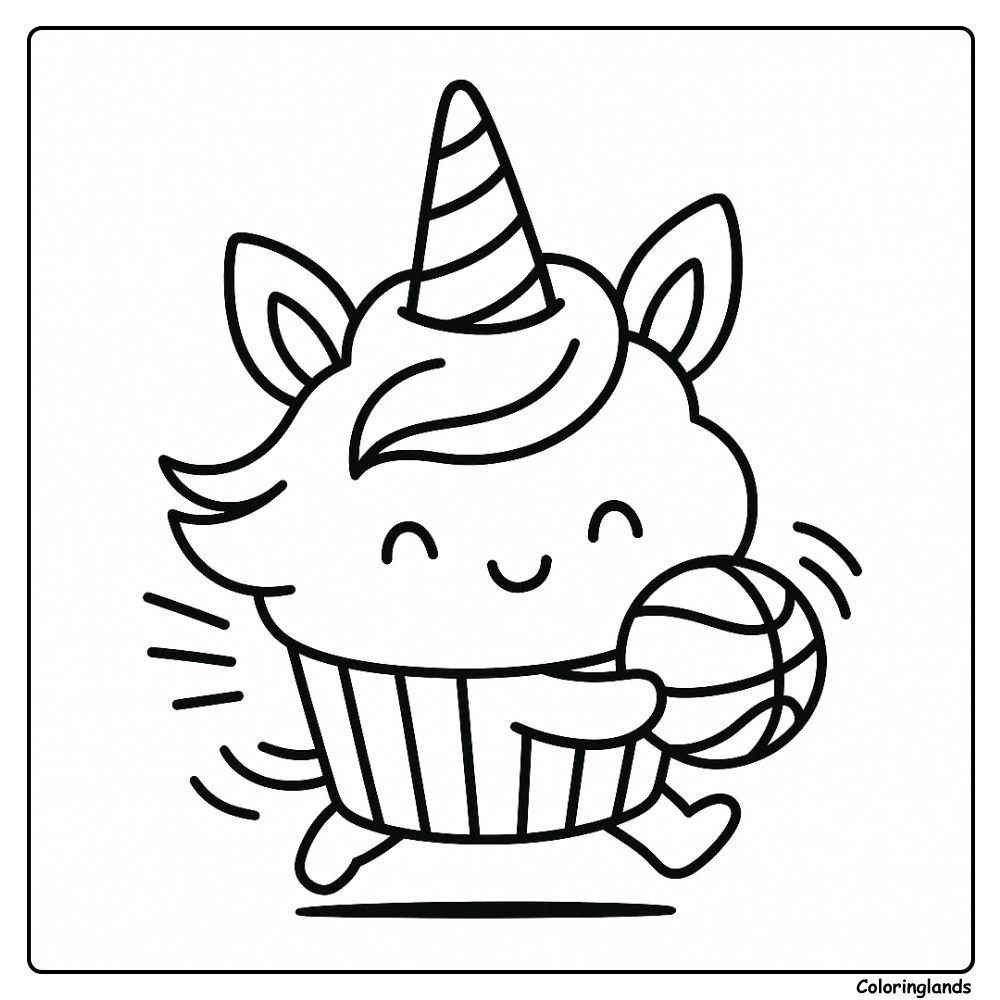 Unicorn cupcake para colorir: fofo atleta jogando basquete feliz.