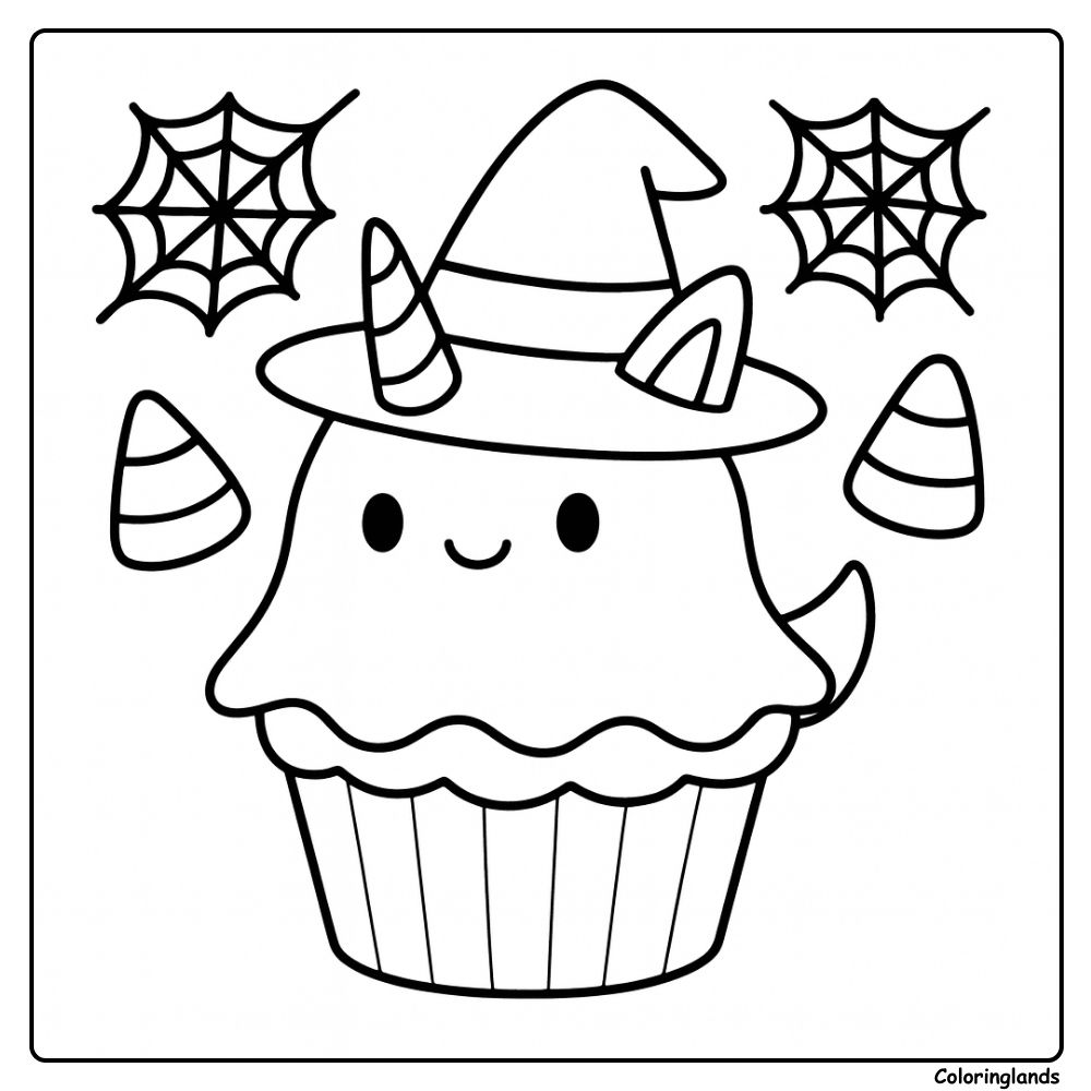 Desenho de unicorn cupcake para colorir, com chapéu de bruxa e teias de aranha.
