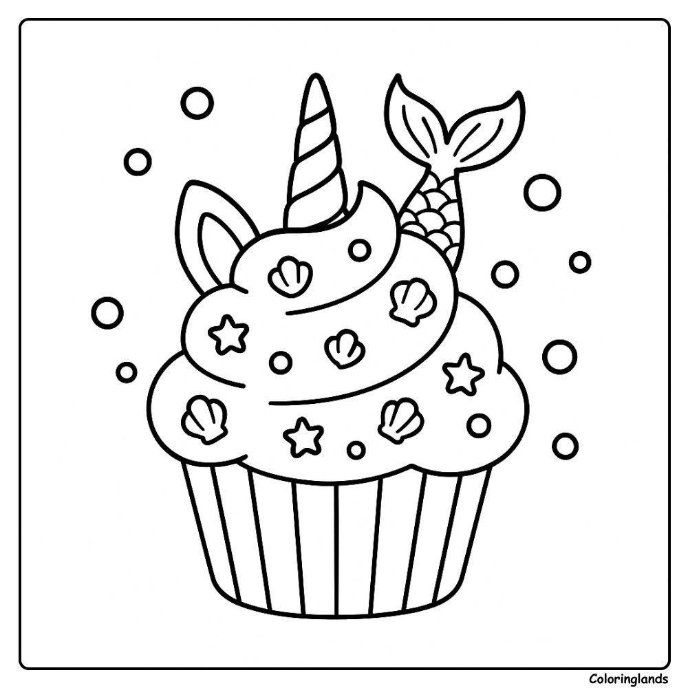 Desenho de unicorn cupcake para colorir, com chifre, orelhas e cauda.