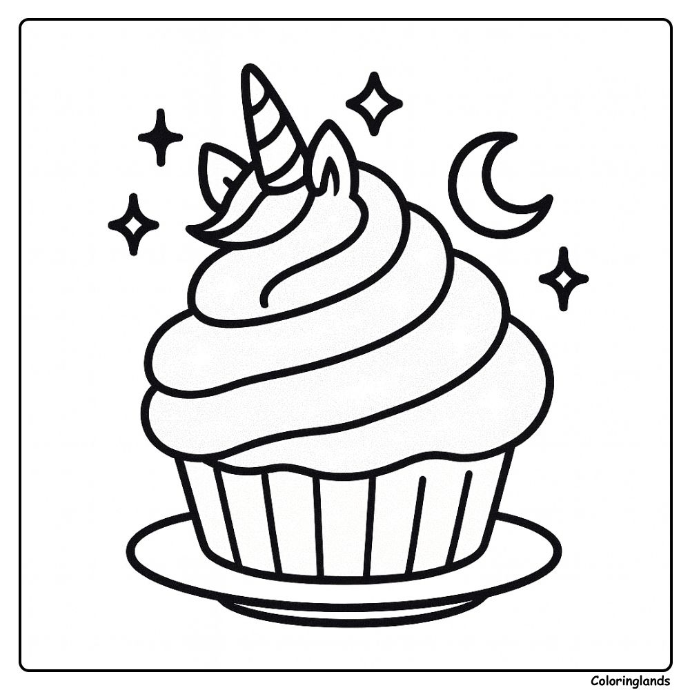 Desenho de um unicorn cupcake para colorir com estrelas e lua.