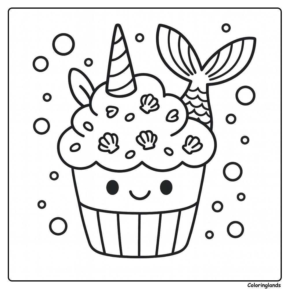 Unicorn cupcake para colorir, desenho com sereia e conchas.