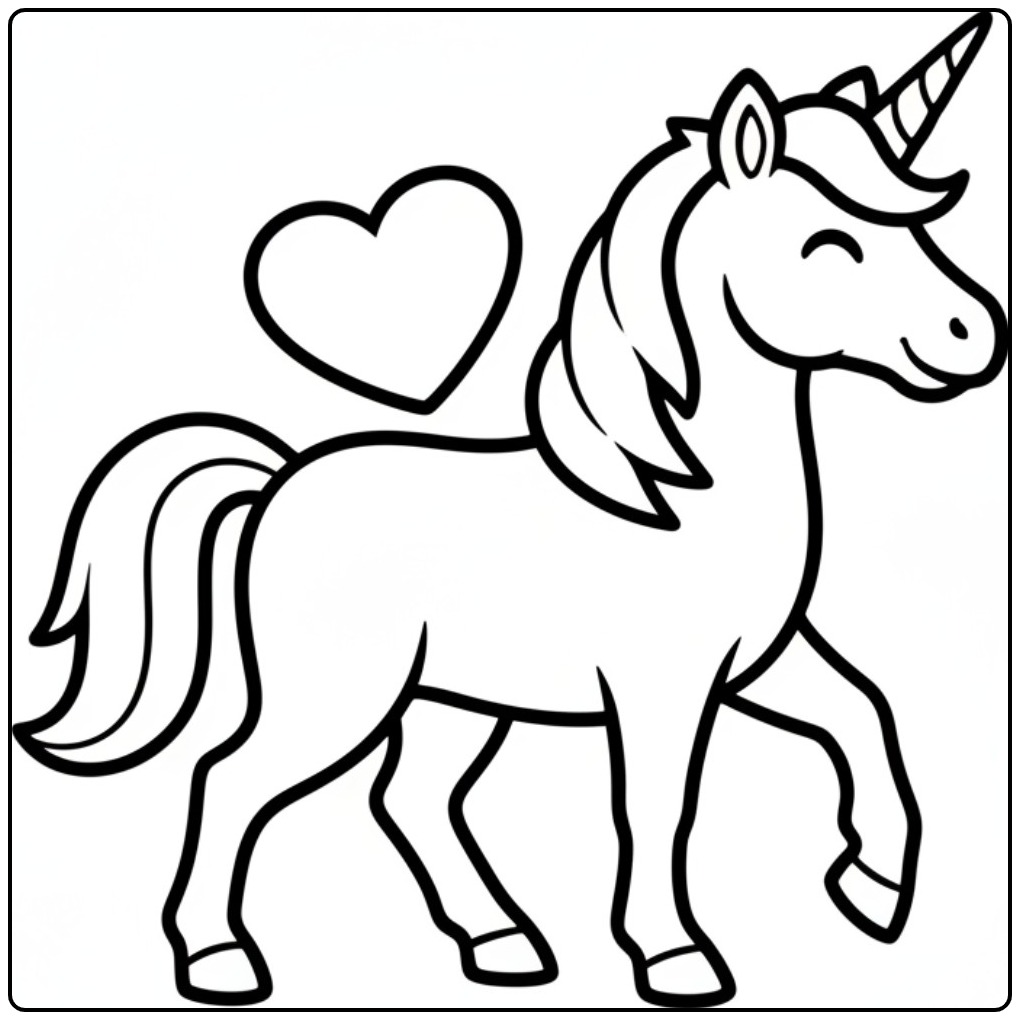 Desenho de unicornio para colorir fofo e com coração mágico!