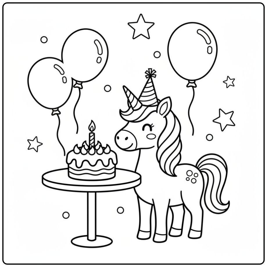 Desenho de unicornio para colorir festa bolo e balões mágico