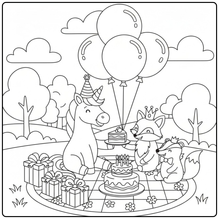 Desenho de unicornio para colorir. Festa no campo!