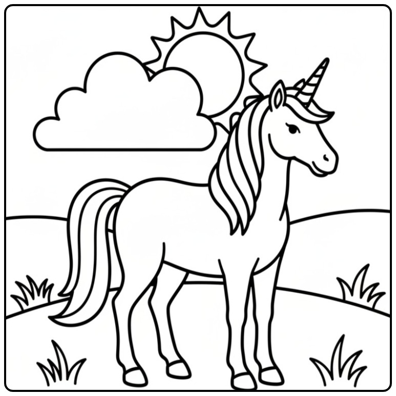 Desenho de unicórnio realista para colorir no campo feliz.