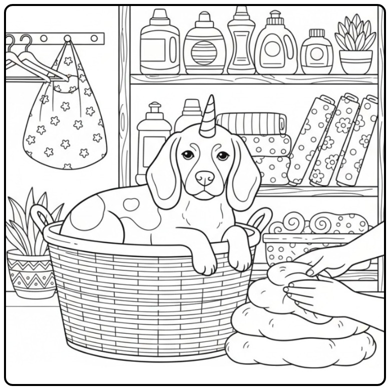 Cena fofa na lavanderia com um cachorro unicórnio para colorir.