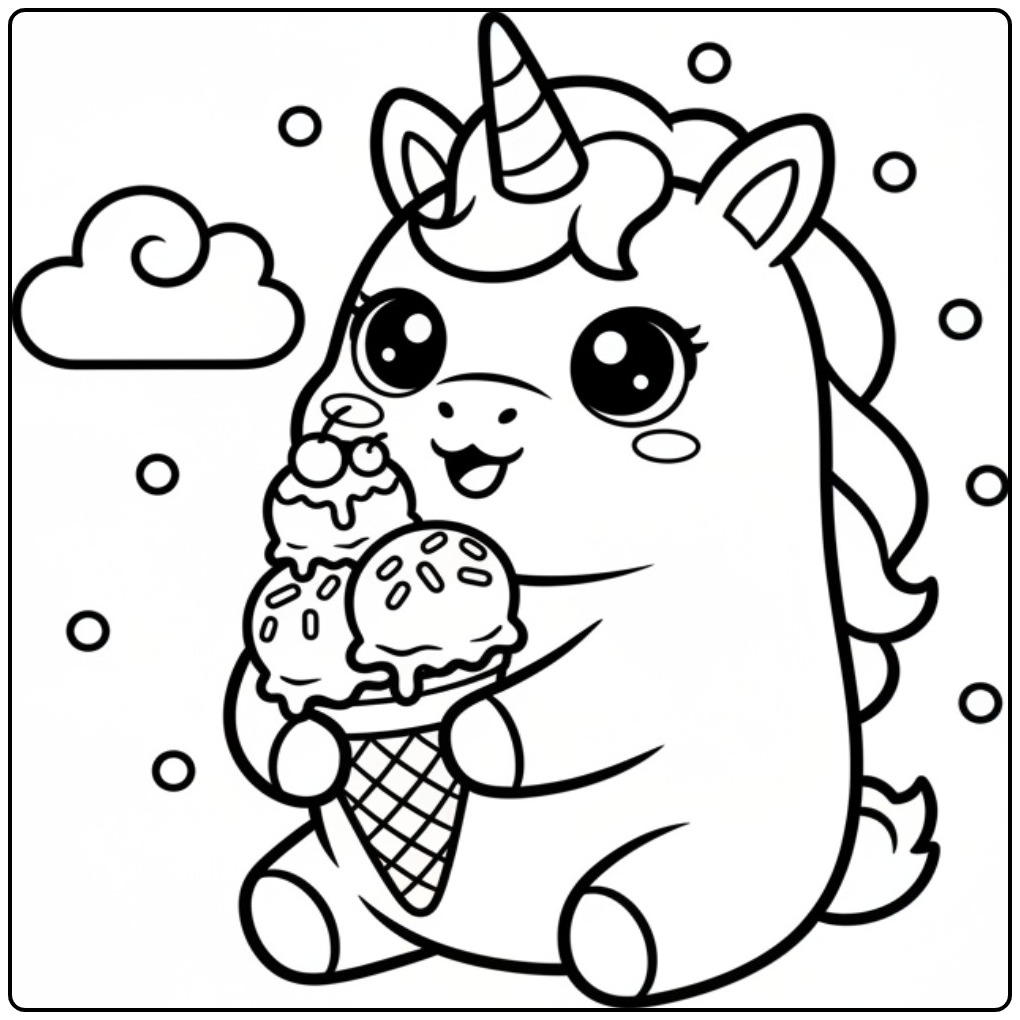 Um fofo kawaii unicórnio para colorir em uma nuvem com sorvete.