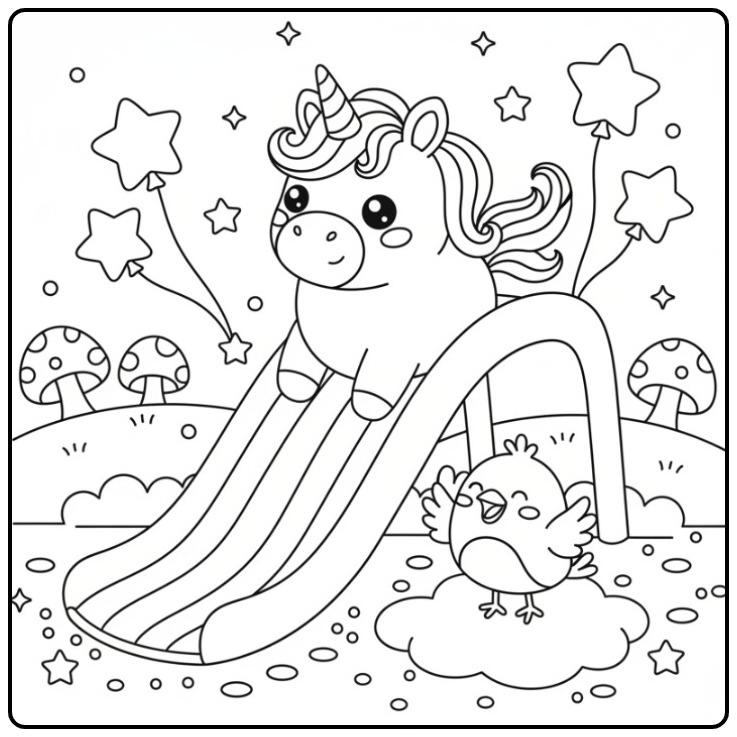 Cena fofa para colorir de unicórnio kawaii com arco-íris e amigo.