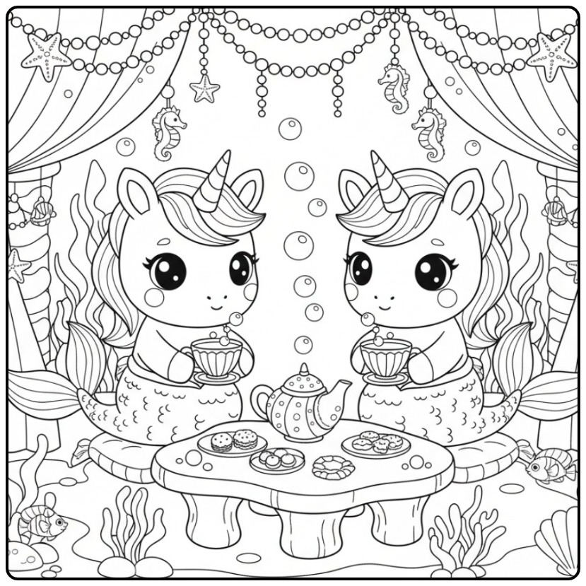 Festa do chá subaquática para colorir de unicórnio sereia kawaii.