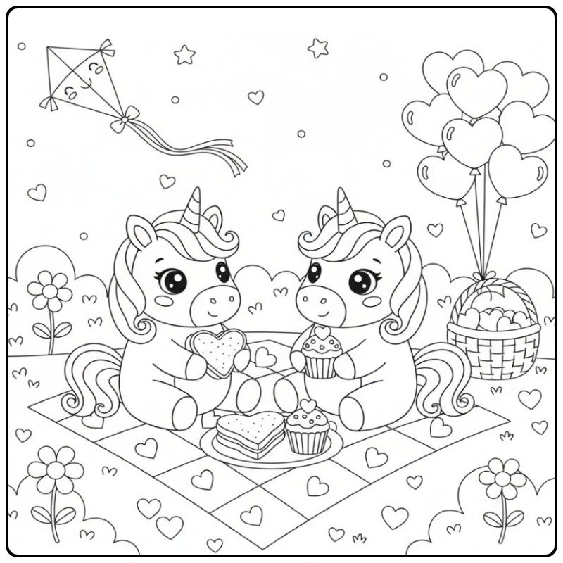 Cena de piquenique para colorir de unicórnio kawaii com corações.