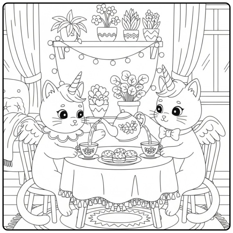 Dois amigos em um desenho de gato unicórnio para colorir.