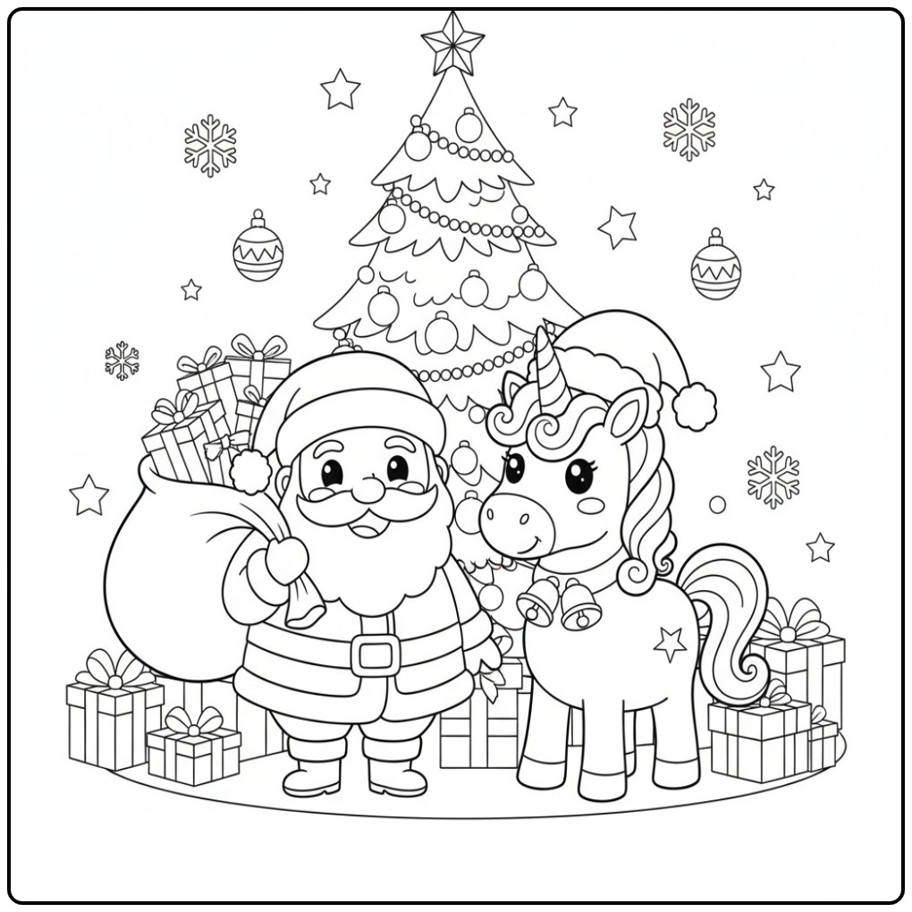 Desenho fofo para Colorir Unicórnio de Natal e Papai Noel