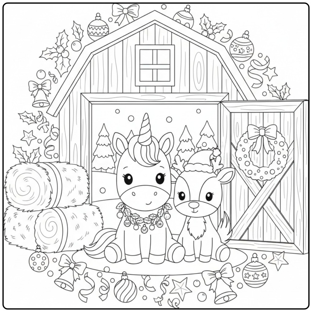 Um fofo Unicórnio de Natal e rena para colorir no celeiro.