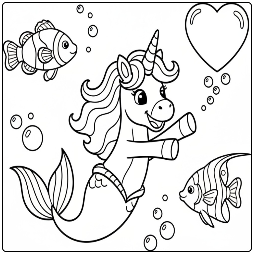 Um lindo unicórnio sereia para colorir com peixes e bolhas.