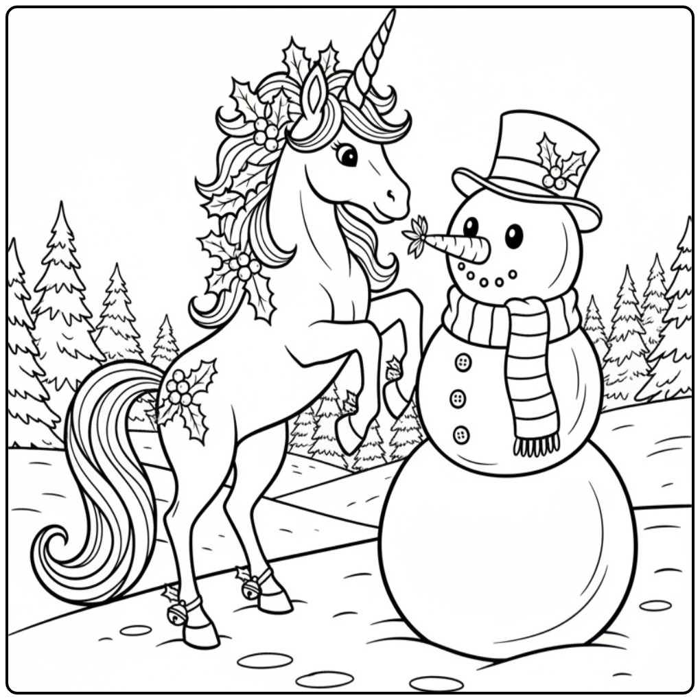Desenho de um unicornio de natal para colorir com boneco neve.