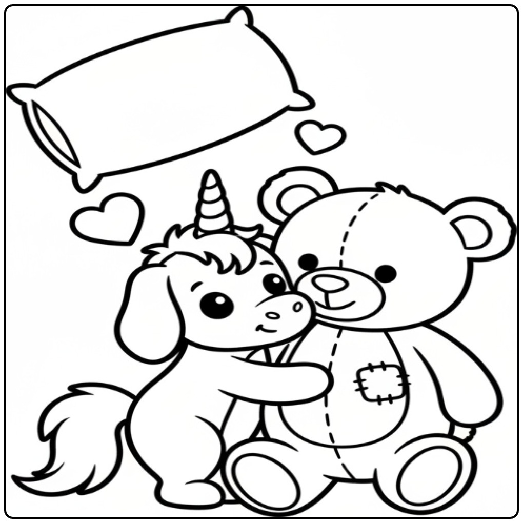 Um fofo cachorro unicórnio para colorir abraçando seu urso.