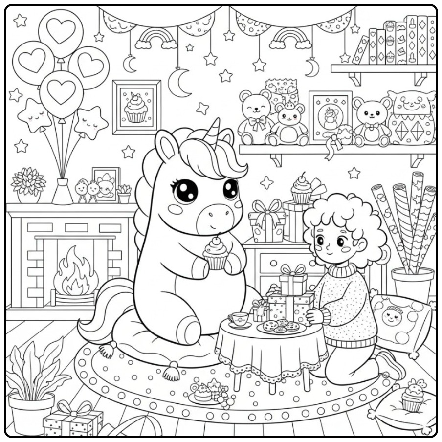 Um fofo kawaii unicórnio para colorir com sua amiga e balões.