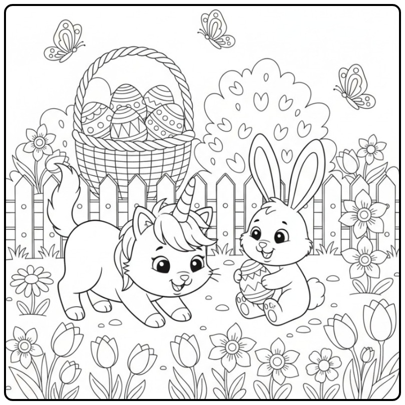 Coelho e seu amigo Para colorir gato unicórnio de Páscoa.