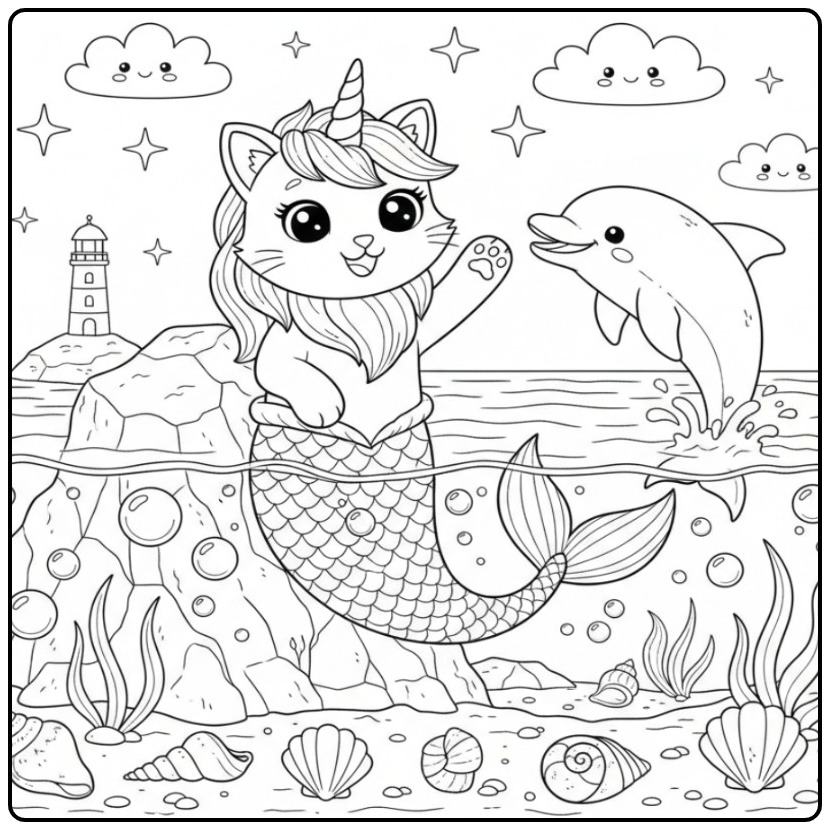 Desenho fofo Para colorir gato unicórnio sereia e golfinho.