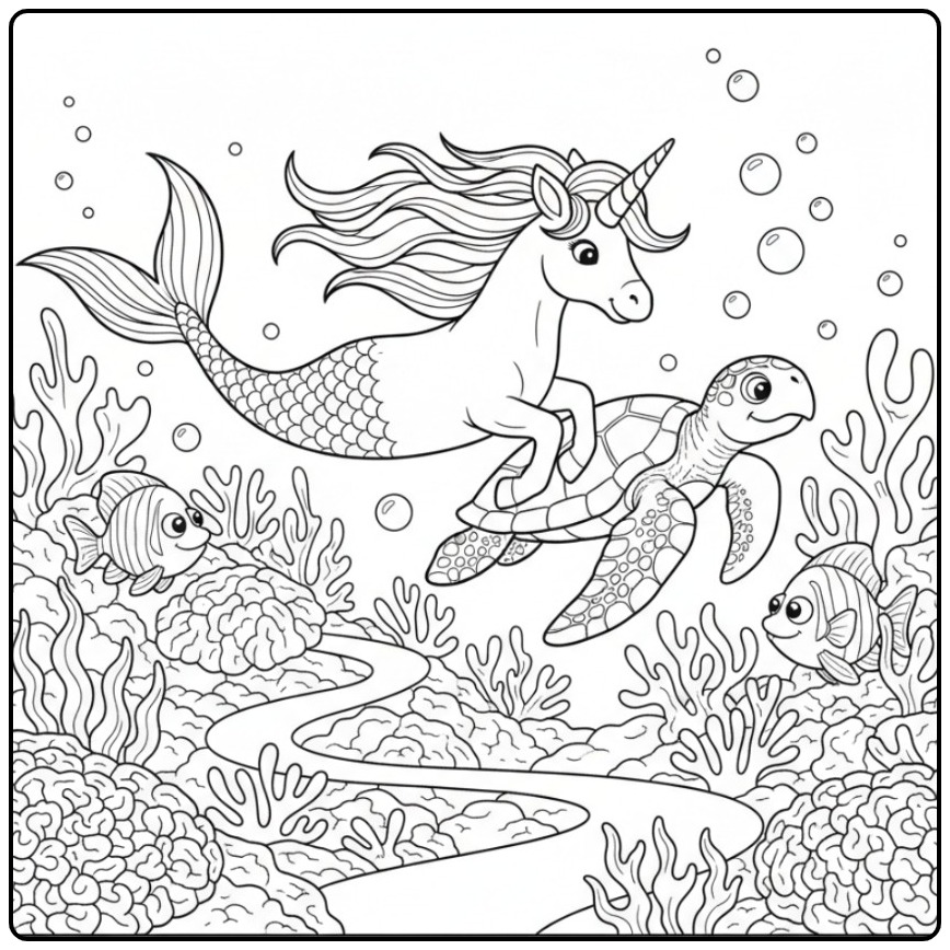 Desenho de um unicórnio sereia para colorir com uma tartaruga.