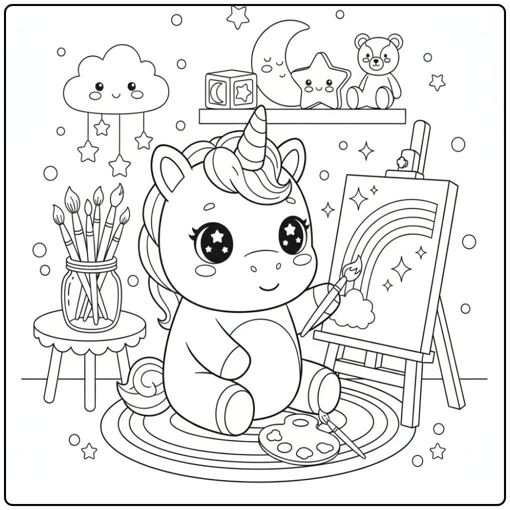 Desenho para colorir de unicórnio kawaii com arco-íris pintando.