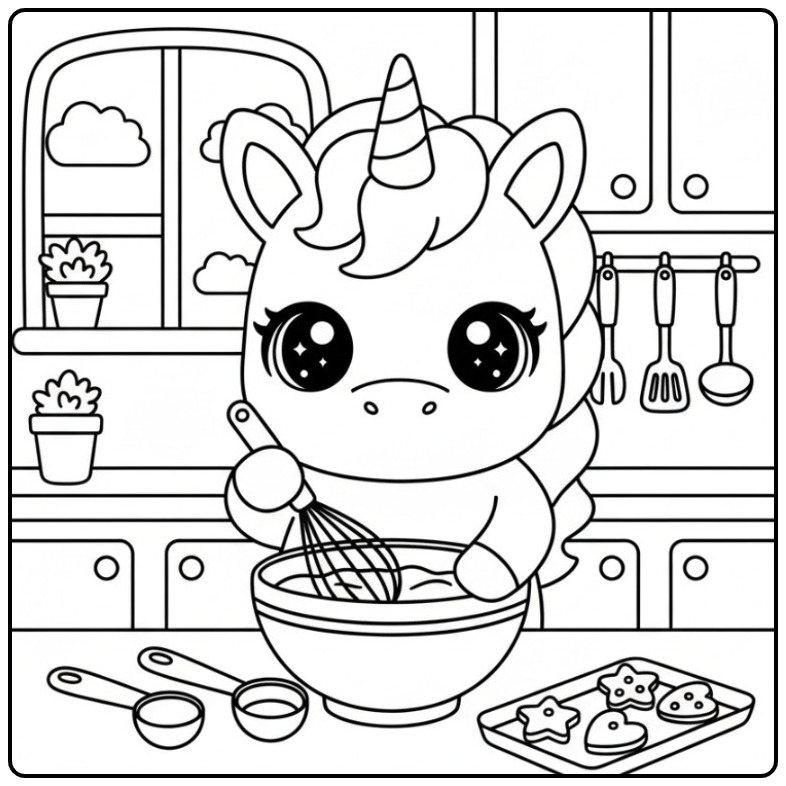 Um fofo kawaii unicórnio para colorir fazendo uma bagunça na cozinha.