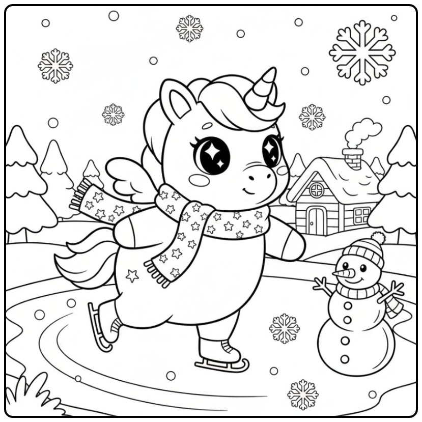 Um adorável kawaii unicórnio para colorir deslizando no gelo.