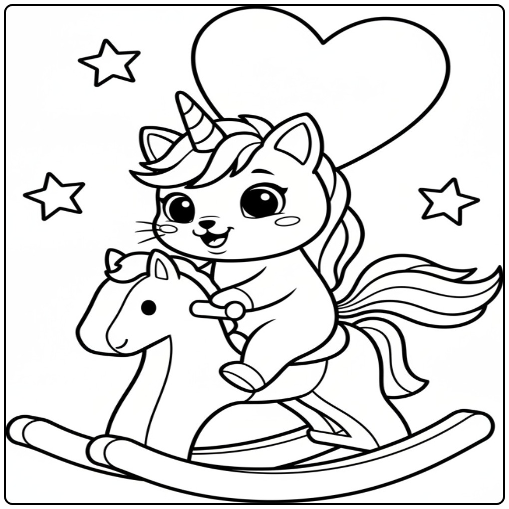 Um fofo gato unicórnio para colorir em um cavalo de balanço.