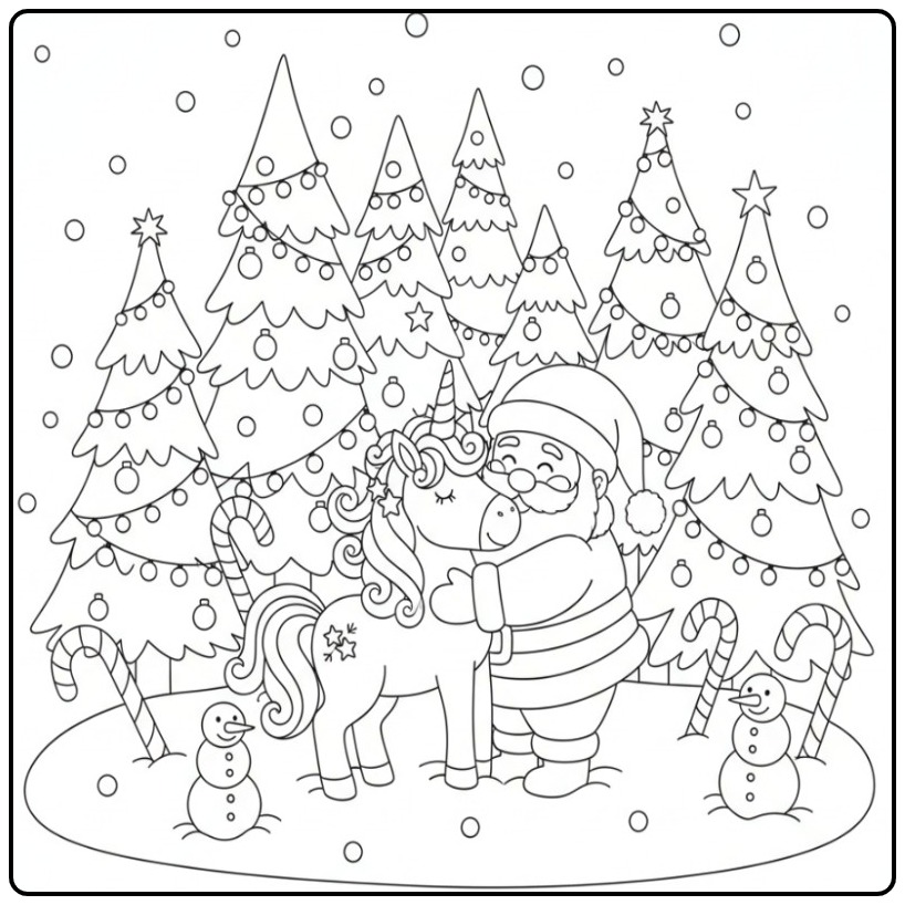 Desenho para Colorir Unicórnio de Natal e Papai Noel na neve.