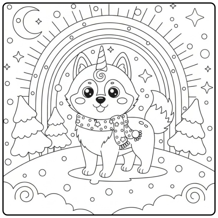 Desenho fofo de Cachorro unicórnio para colorir com arco-íris.