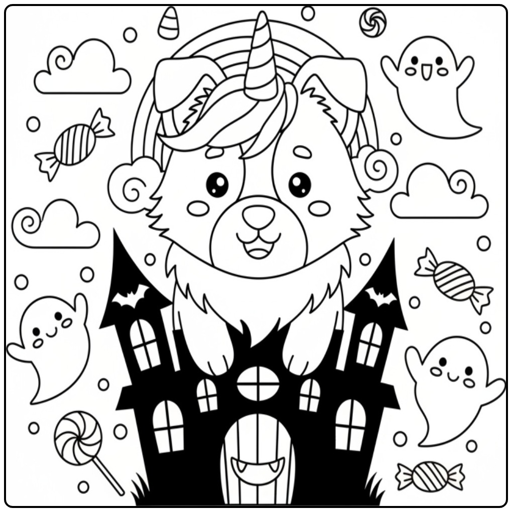 Um fofo Cachorro unicórnio para colorir de Halloween com fantasmas.
