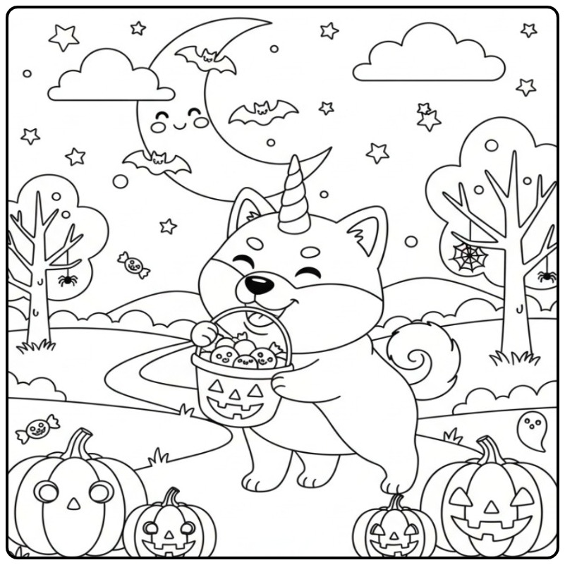 Desenho fofo de um Cachorro unicórnio para colorir de Halloween.